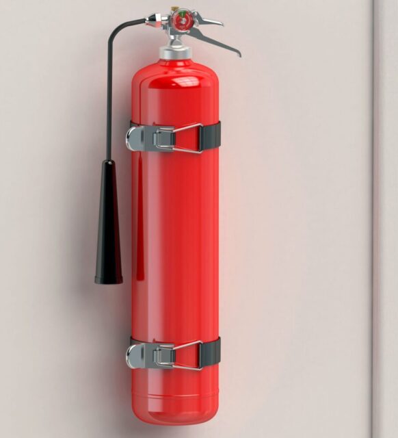 Kırmızı bir yangın söndürme tüpü mutfak tezgahında duruyor. Tüpün üzerindeki beyaz etikette kullanım talimatları yer alıyor.